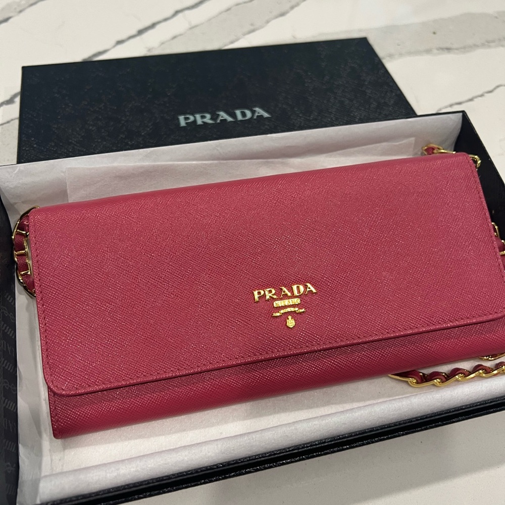 Prada Fuchsia Leather Clutch with Gold Accents